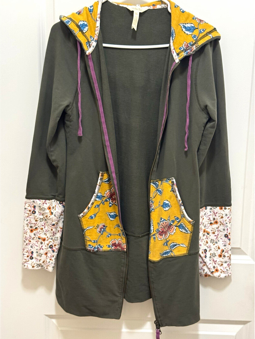 Matilda Jane Women’s Medium Long Zip Hoodie Floral Patchwork Green Boho Jacket